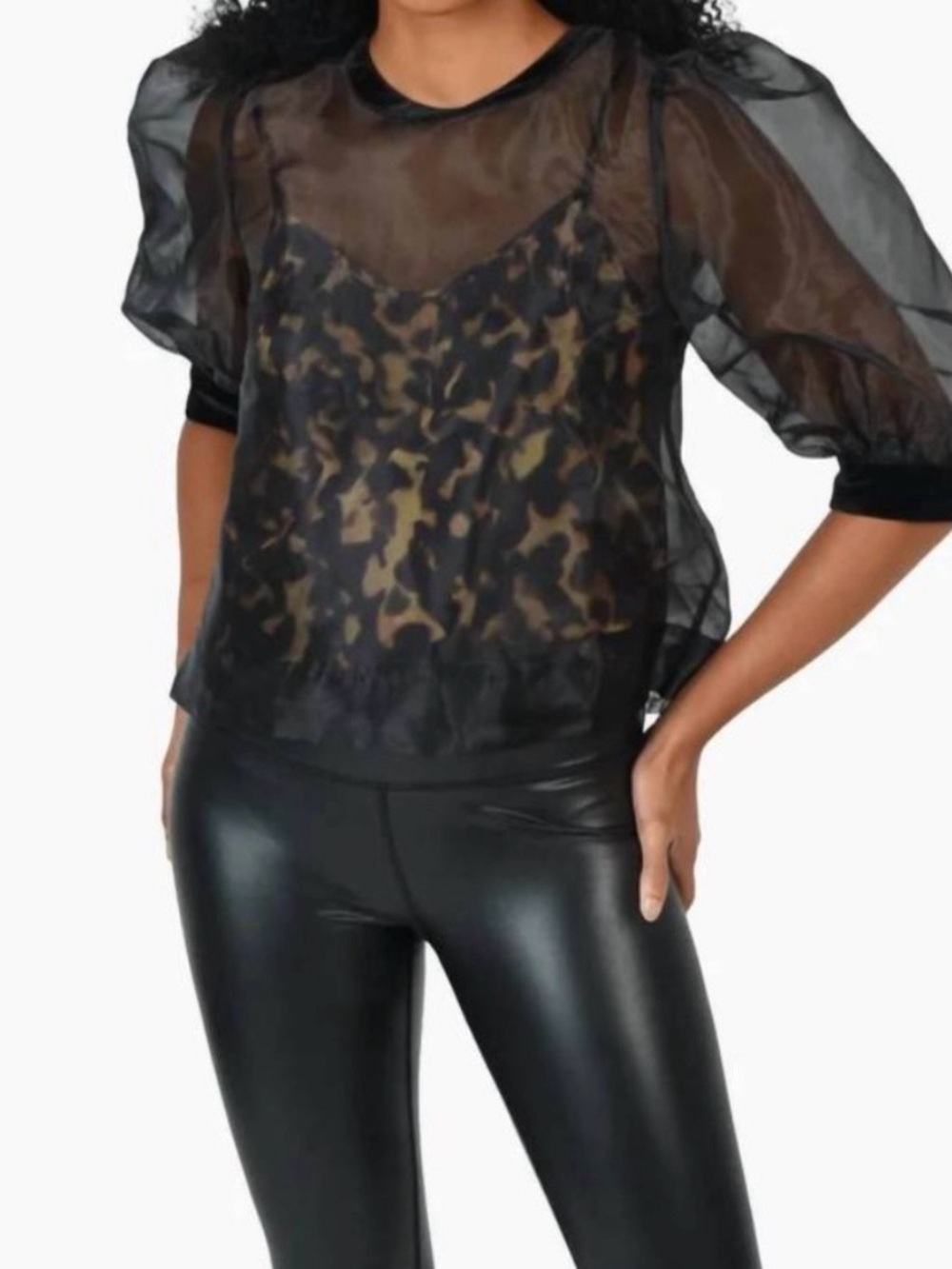 Sheer Black Puff-Sleeve Blouse with Leopard Cami